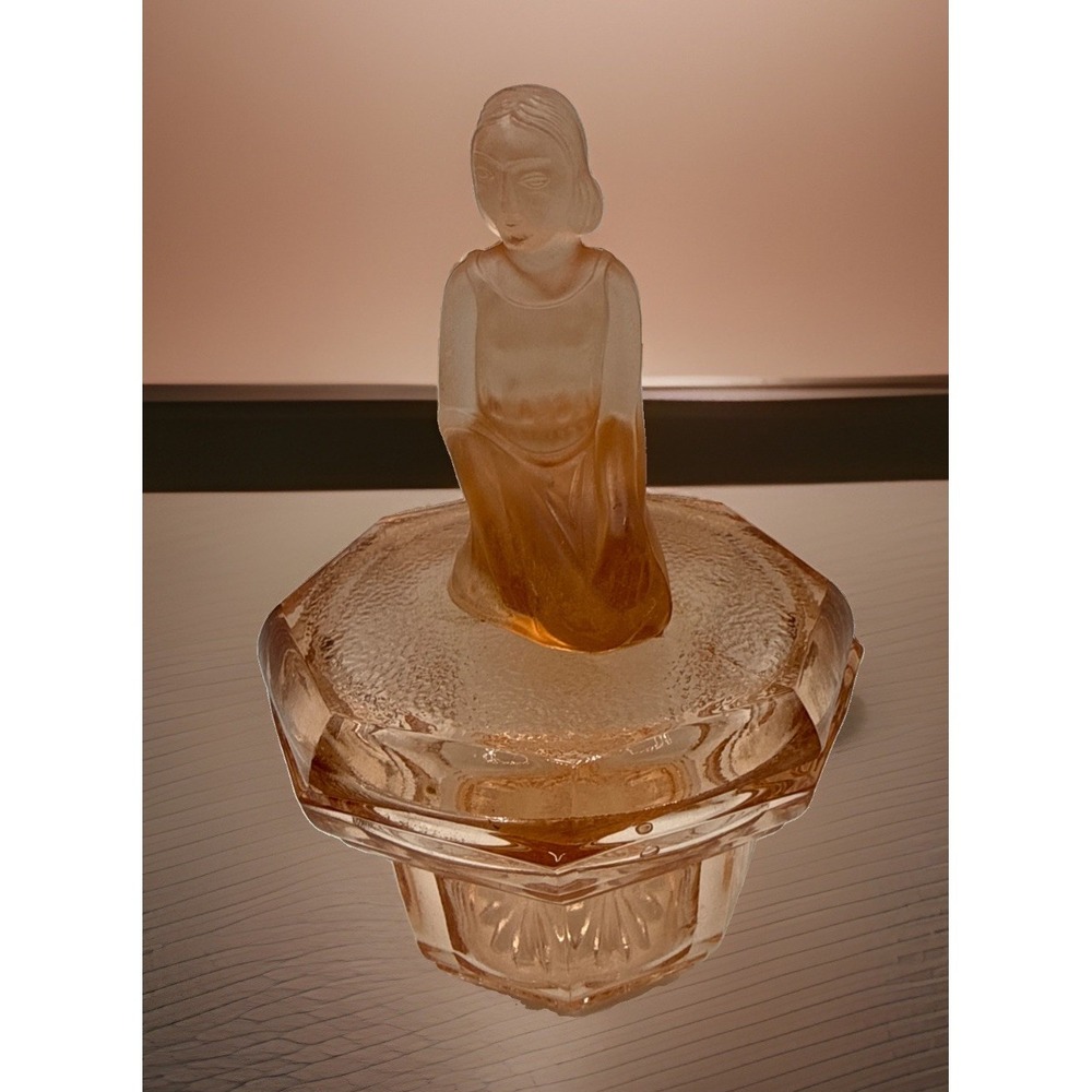 VTG Asian Draped Lady Pink Glass Powder Jar Art Deco Dresser Box Jewelry‎ RARE